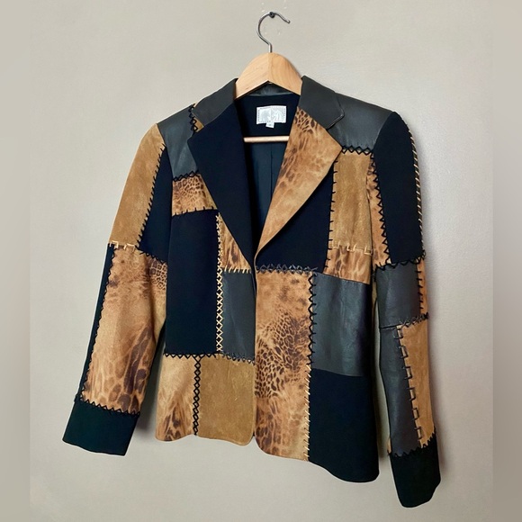 ALBERTO MIKALI sueded leather patchwork blazer designer jacket vintage Y2K sz 2 - Picture 6 of 16